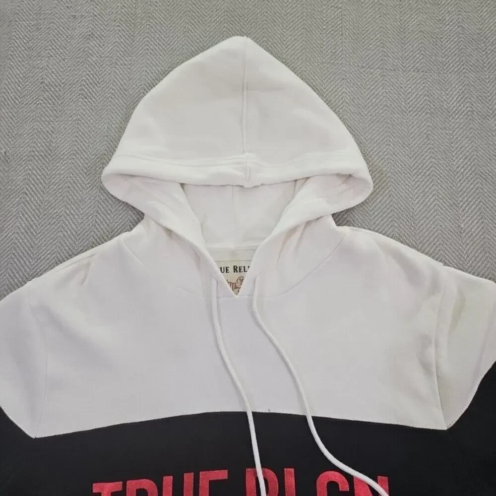 True Religion Men's Pullover Colorblock Hoodie Sweatshirt White‎ Black 103140 LG